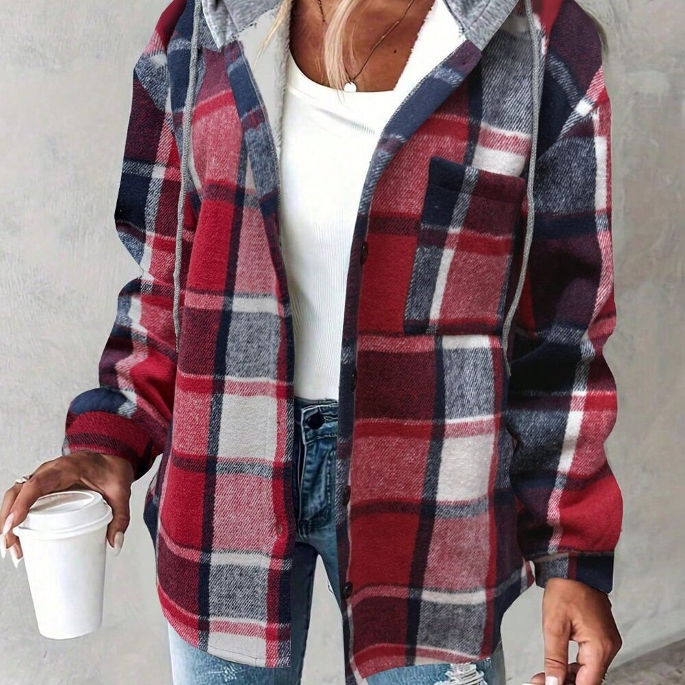 Red Casual Women's Plaid Hooded Jacket